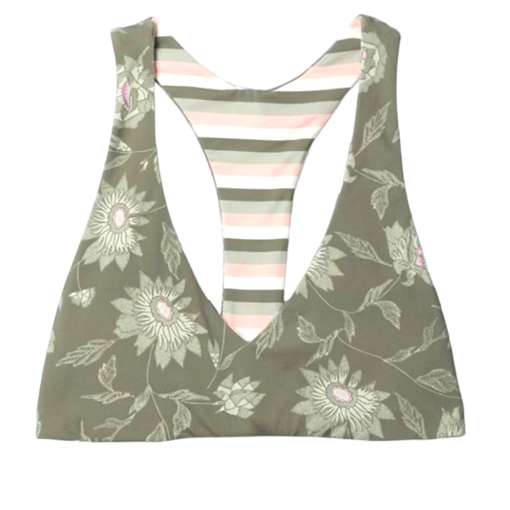 Carve Designs Olive Floral Reversible Racerback Bikini Top with Pastel Stripes
